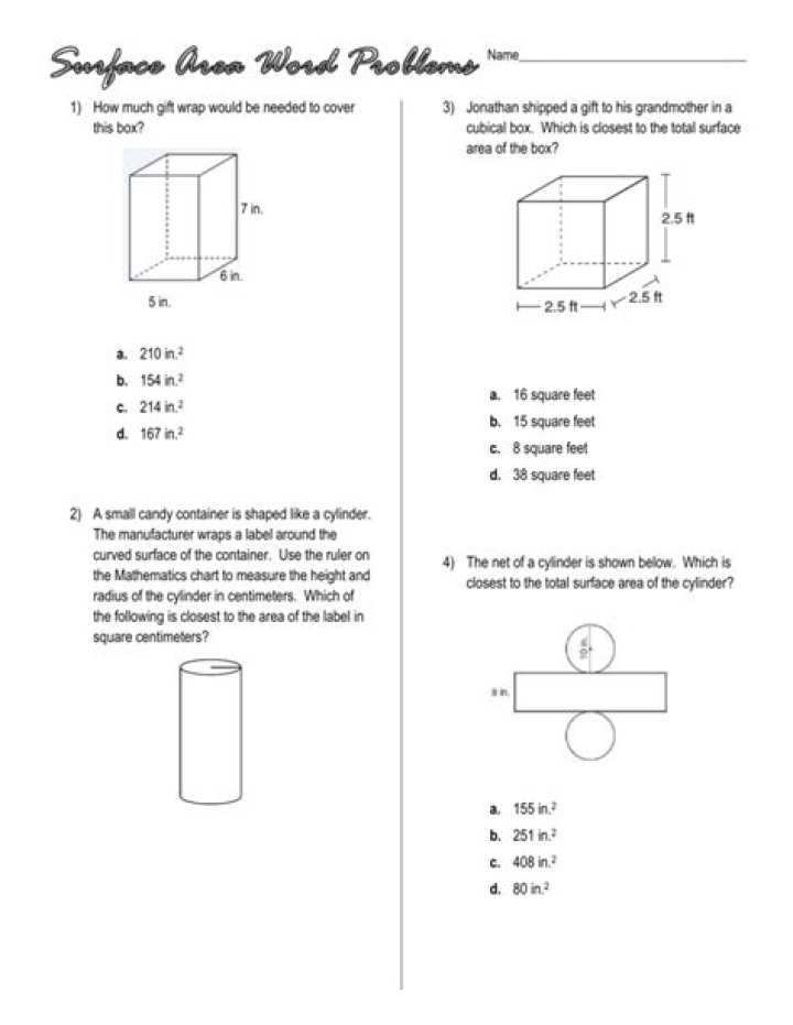 Surface Area Word Problems Worksheet PDF for Math Practice