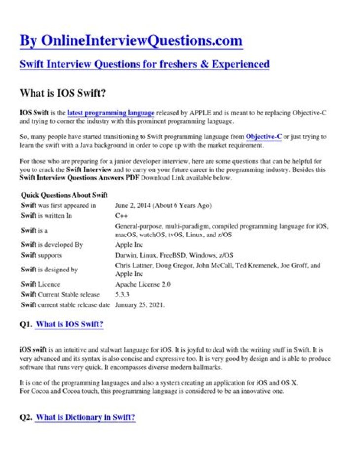 Top Swift Interview Questions and Answers PDF for Developers