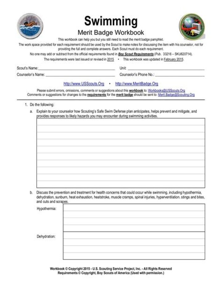 Swimming Merit Badge Worksheet PDF – Free Printable