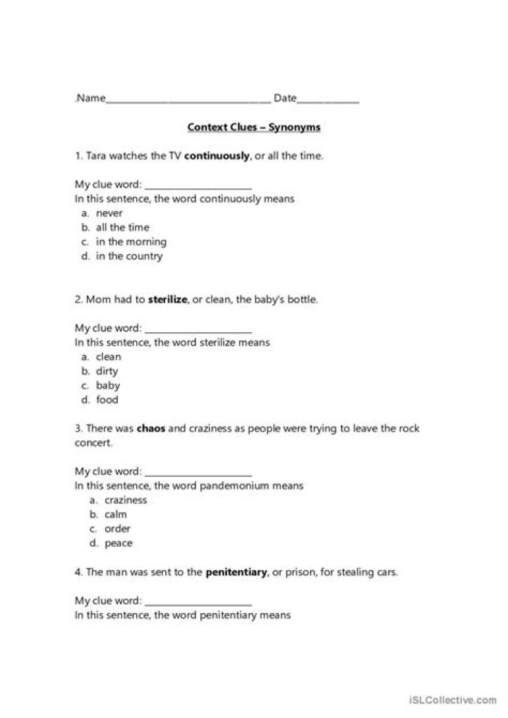 Synonym Context Clues Worksheet PDF for Vocabulary Practice
