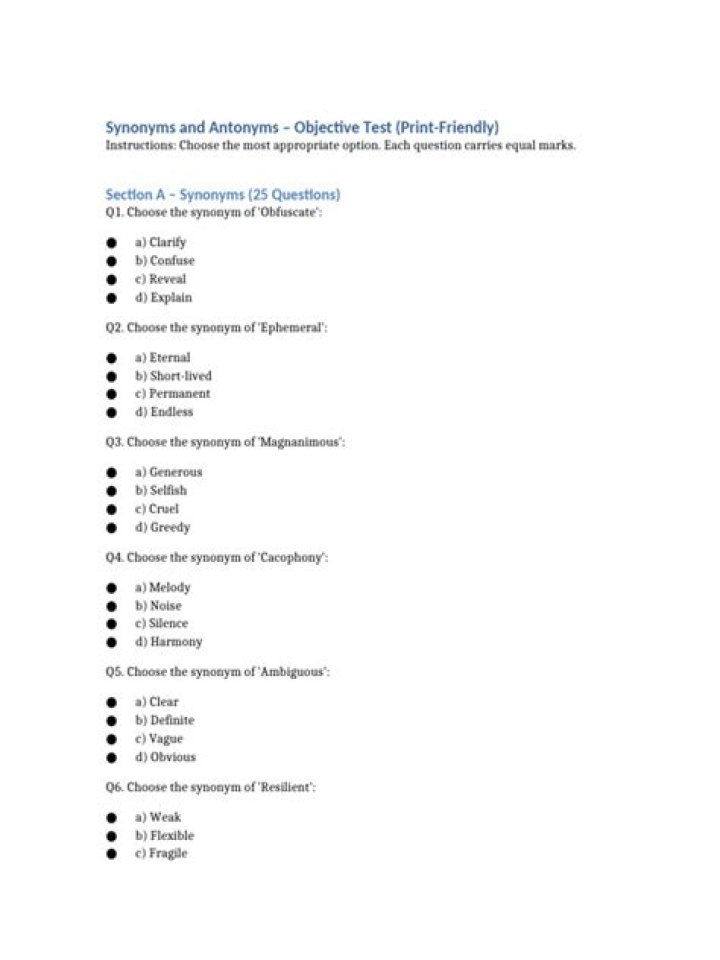 Synonyms & Antonyms Test PDF: Practice Vocabulary Online