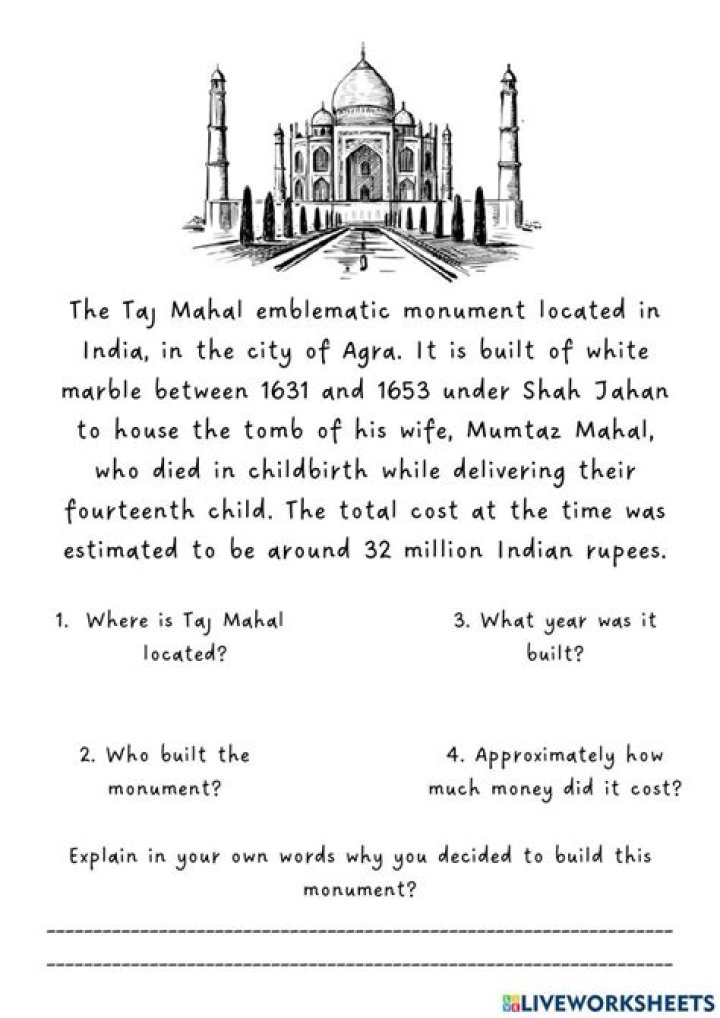Download Free Taj Mahal Worksheet PDF for Students & Travelers