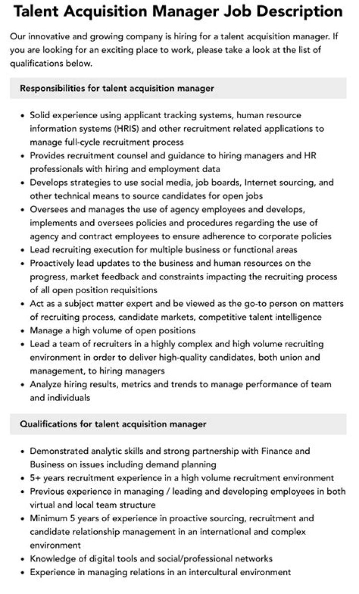 Talent Acquisition Manager Job Description PDF: Full Career Guide
