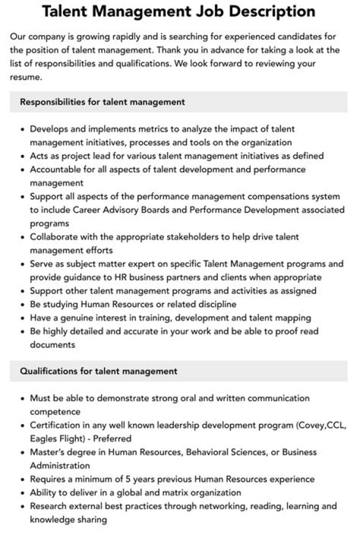 Talent Management Job Description PDF for HR Professionals