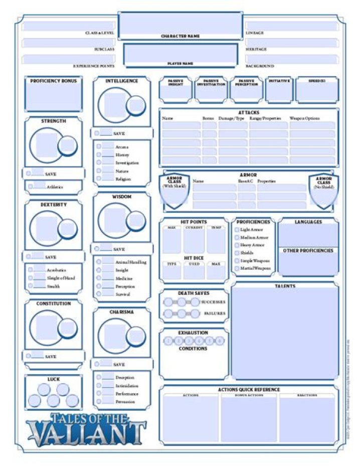 Tales of the Valiant Character Sheet PDF: Complete Valor Guide