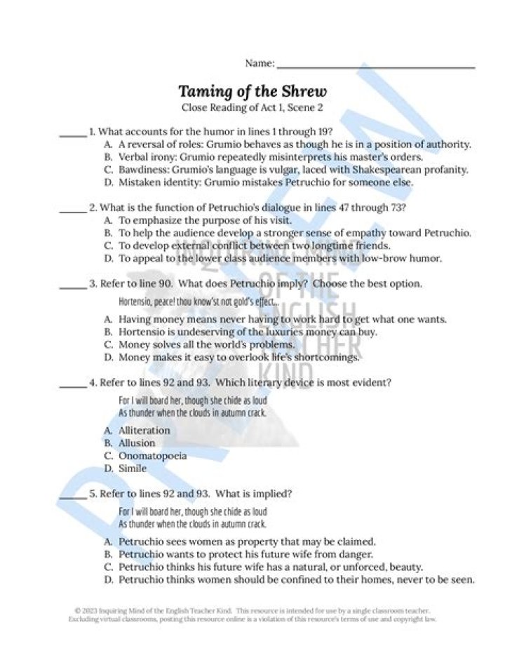 Taming of the Shrew Worksheets PDF for Classrooms