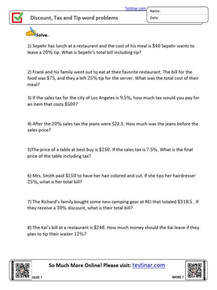 Free Tax Tip and Discount Word Problems Worksheet PDF – Practice Tax Savings & Discounts
