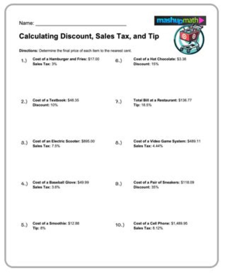 Tax Tip Discount Worksheets with Answers PDF for Easy Tax Prep