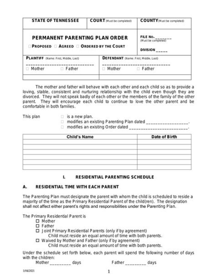 Free Tennessee Parenting Plan PDF: Customize Custody Agreements