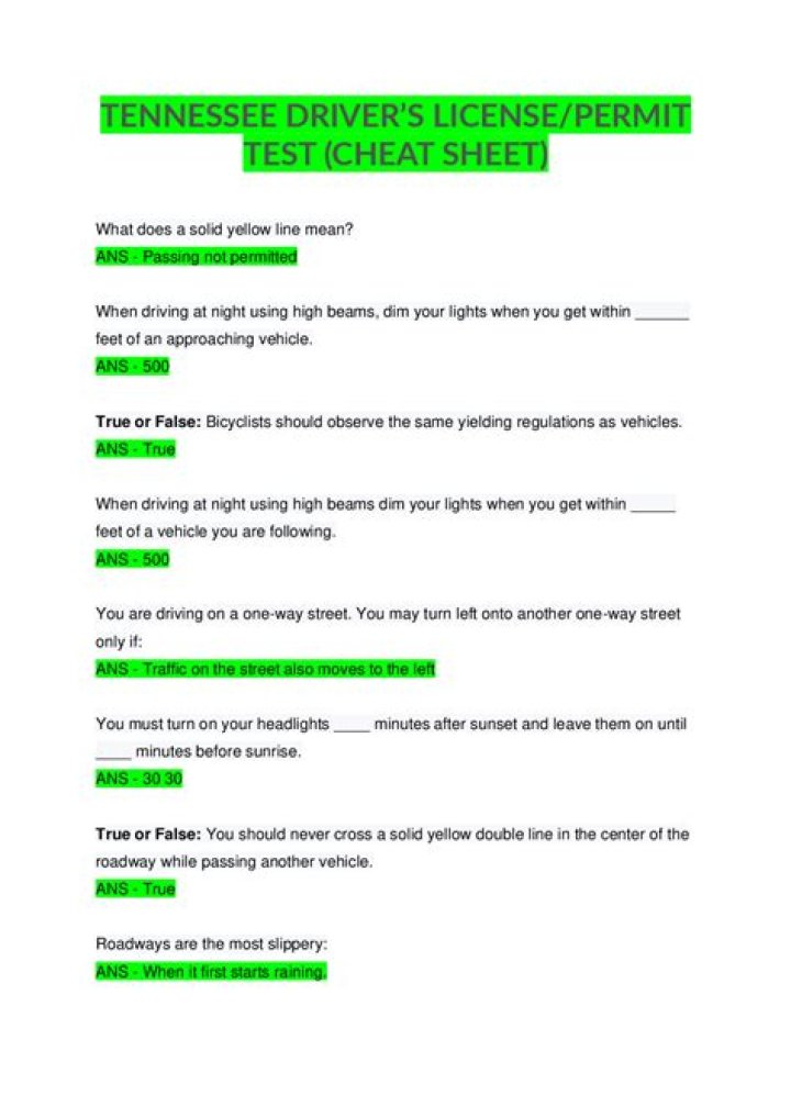 Tennessee Permit Test Cheat Sheet PDF – Pass Quickly & Confidently