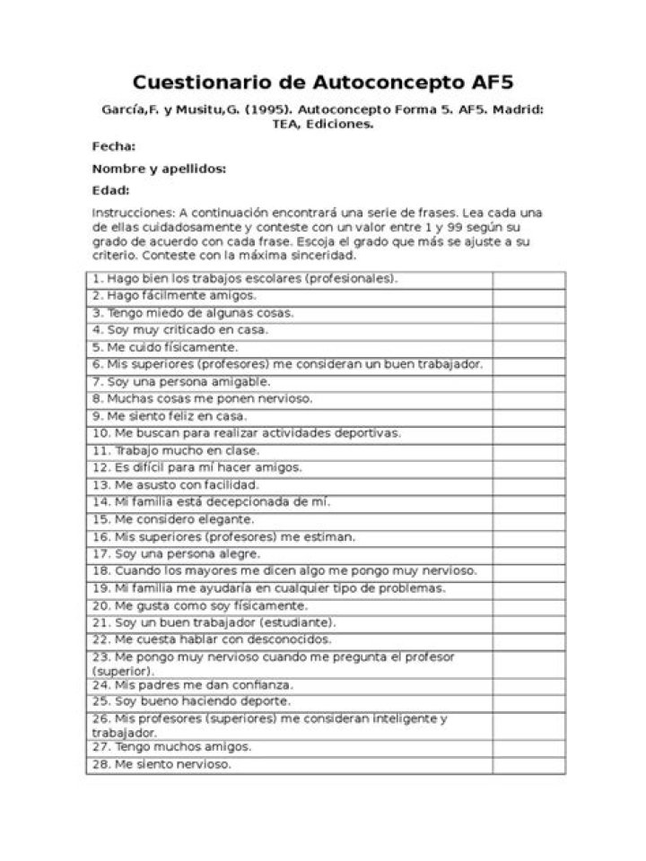 Test de Autoconcepto AF5 PDF: Evalúa Tu Autoestima y Bienestar