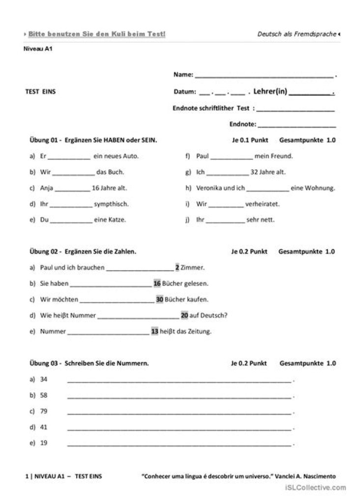 Test Niveau Allemand A1 Gratuit en PDF