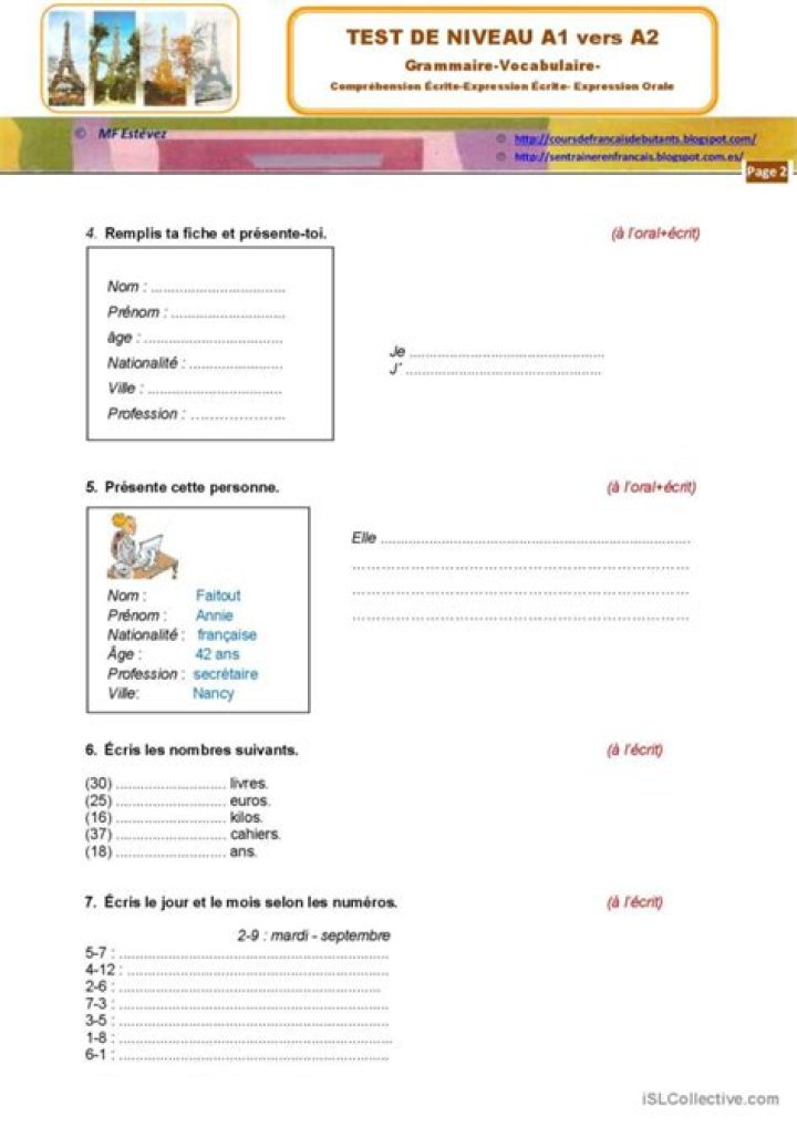 Test Niveau Français A2 Gratuit en PDF