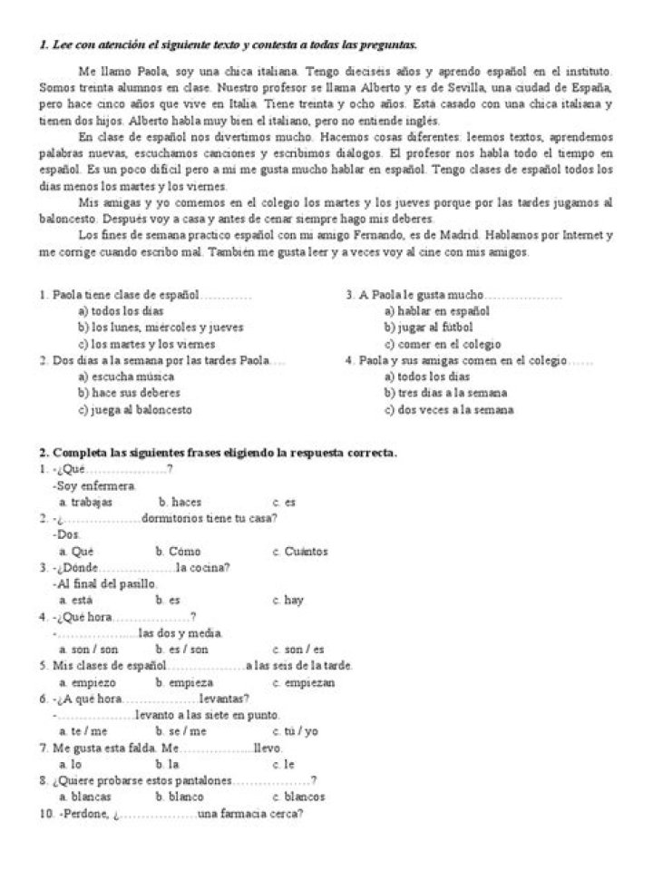 Test de Nivel Español A1 a2 PDF Gratis para Practicar