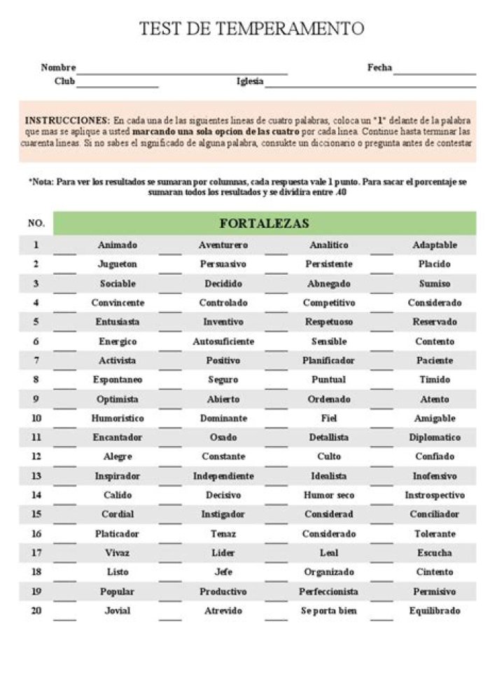Test de Temperamento PDF para Imprimir – Evalúa tu Personalidad