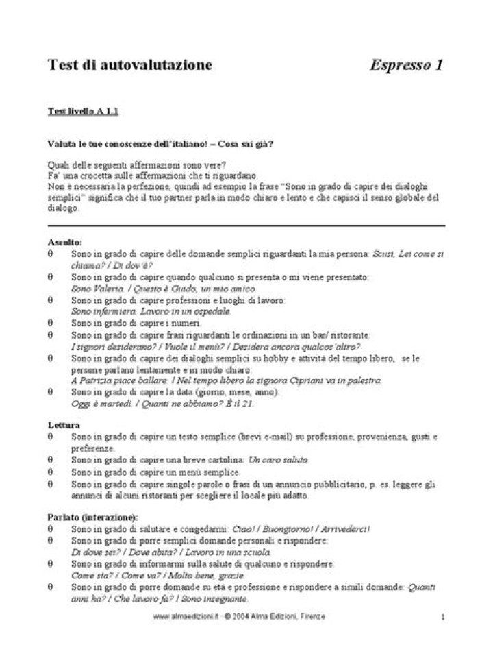 Test Livello A1 Italiano PDF Gratuito per Studenti