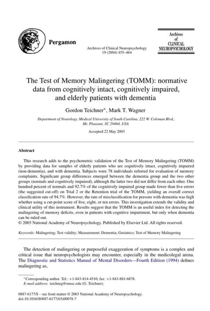 Test of Memory Malingering: TOMM PDF Evaluation