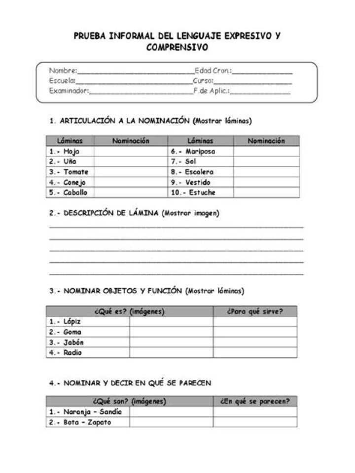 Prueba para Evaluar Lenguaje Expresivo y Comprensivo en PDF