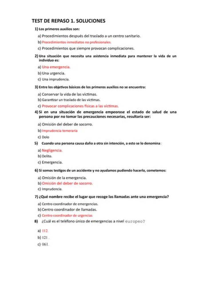 Test de Primeros Auxilios PDF con Respuestas Completas