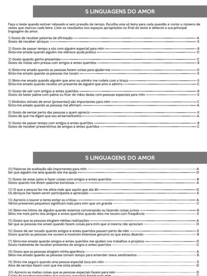 Teste 5 Linguagens do Amor: PDF Completo para Entender o Amor de Verdade
