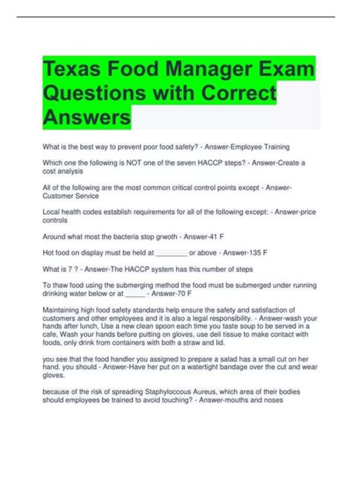 Free Texas Food Manager Exam Answers PDF Download