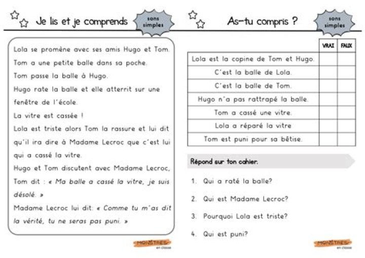 Textes français avec questions de compréhension PDF téléchargeables