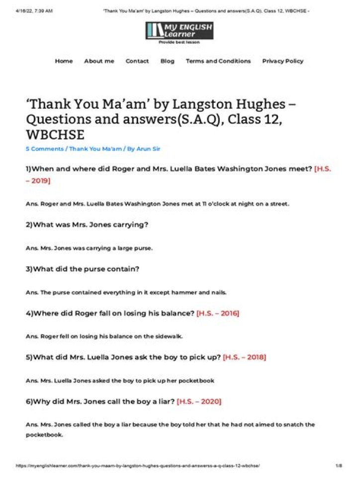 Thank You Ma'Am Questions and Answers PDF Guide