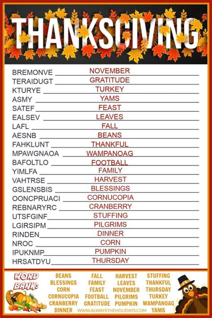 Free Thanksgiving Word List PDF for Kids and Families