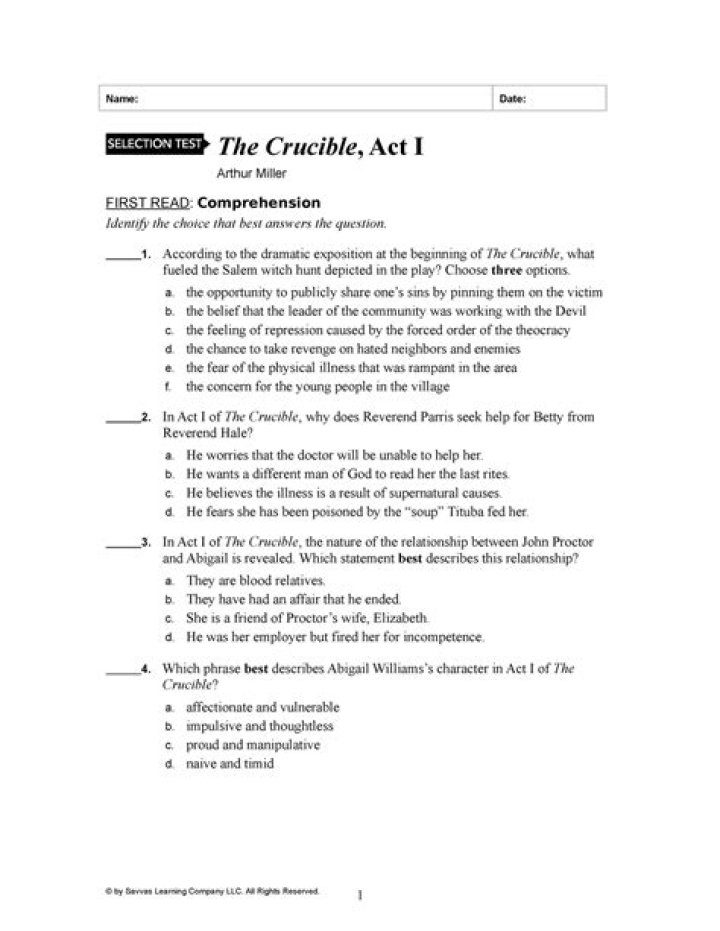 The Crucible Act 1 Stage Directions Analysis with Answers PDF
