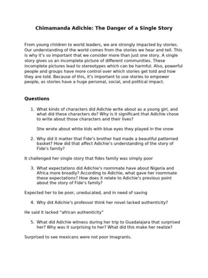 The Danger of a Single Story: Worksheet PDF for Critical Thinking