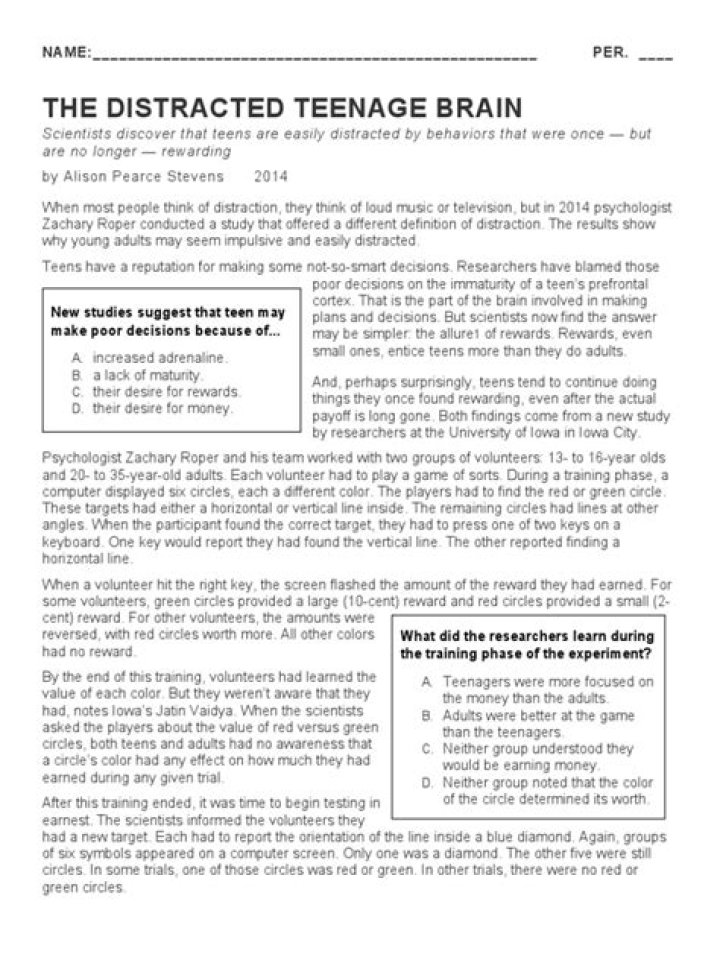 How to Help the Distracted Teenage Brain: Answer Key PDF