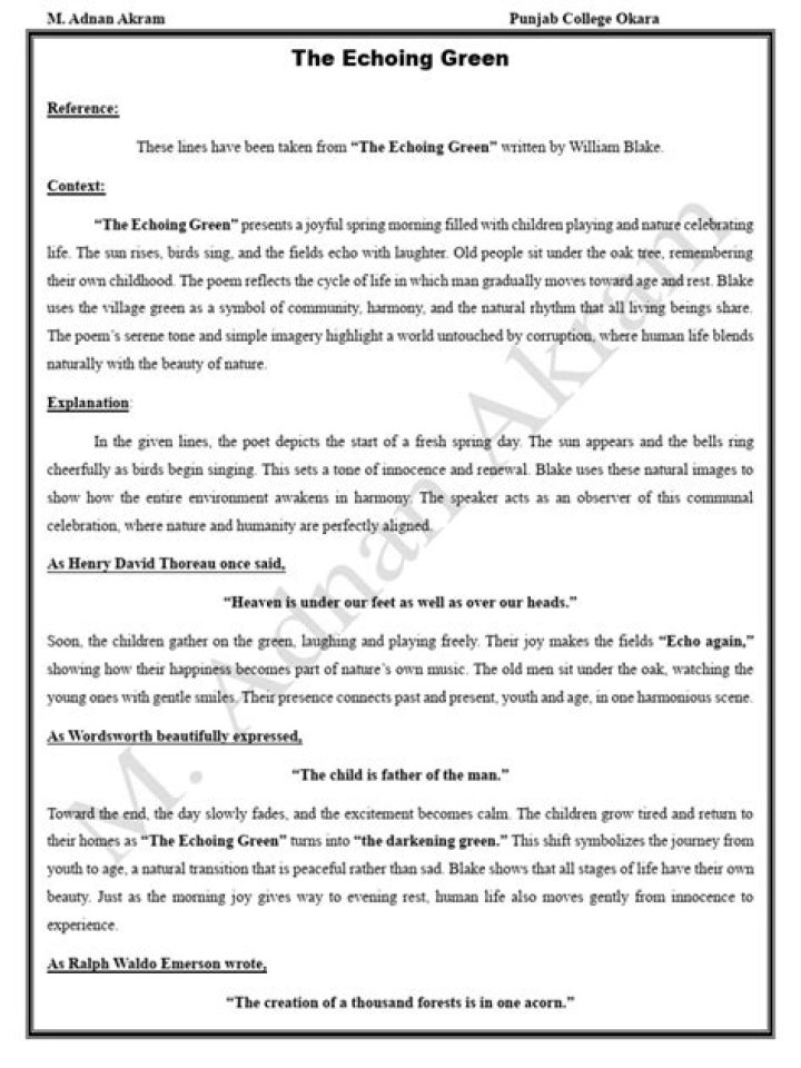 The Echoing Green Poem: Questions & Answers PDF