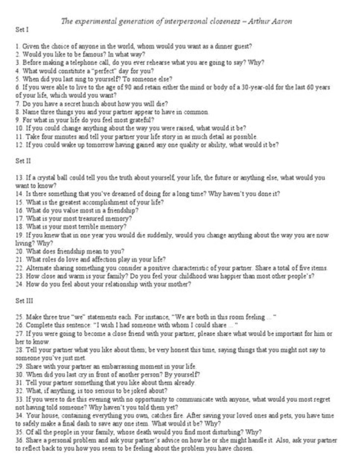 Experimental Generation of Interpersonal Closeness: 36 Questions PDF