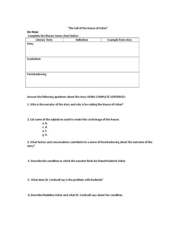 The Fall of the House of Usher Worksheet PDF for Analysis