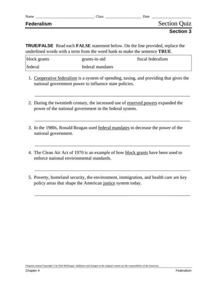 The Federal Role in Federalism: Worksheet Answers PDF