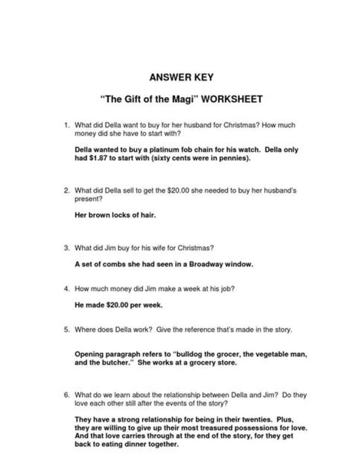 The Gift of the Magi Questions Answer Key PDF