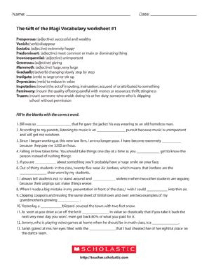 The Gift of the Magi Vocabulary Worksheet Answer Key PDF – Free Printable