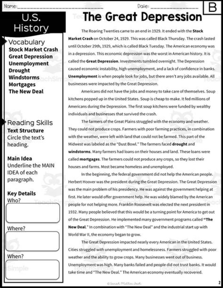 The Great Depression Worksheet PDF Answer Key with Answers