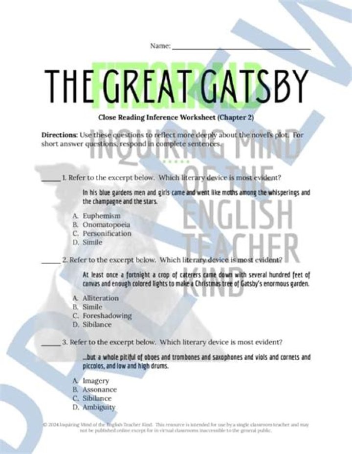 The Great Gatsby Chapter 2: Questions and Answers PDF – Study Guide