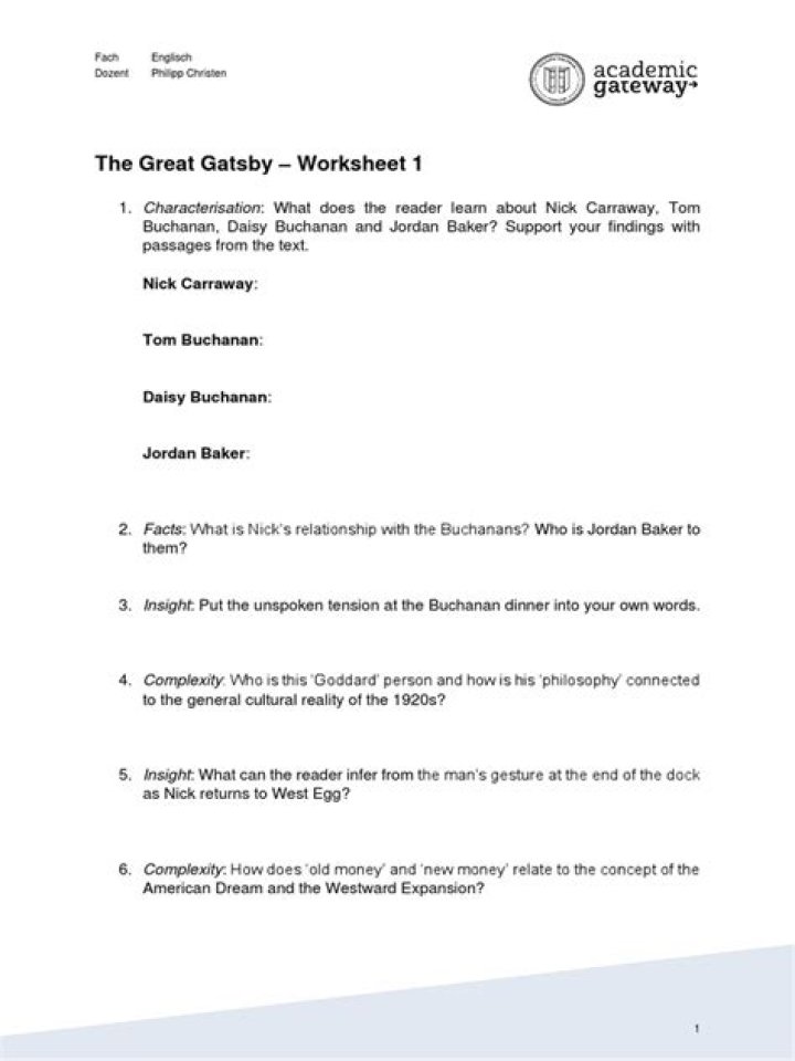 The Great Gatsby Worksheets PDF – Free Educational Resources