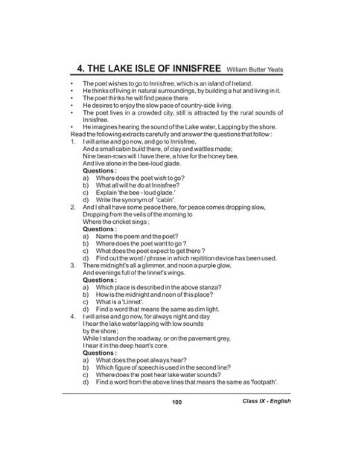 The Lake Isle of Innisfree: Questions & Answers PDF Download