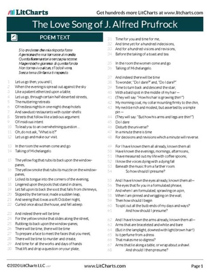 The Lovesong of J. Alfred Prufrock: Key Questions & Analysis in PDF