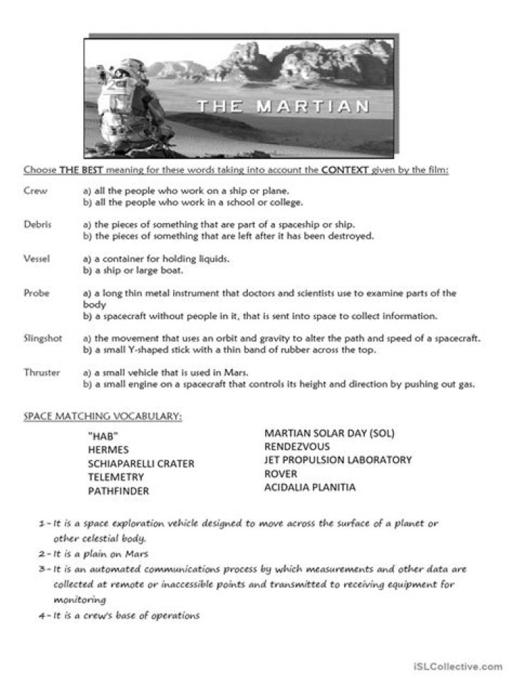 The Martian Movie Worksheet PDF for Classroom Use