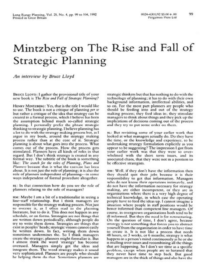 The Rise and Fall of Strategic Planning: Mintzberg’s Classic Framework PDF