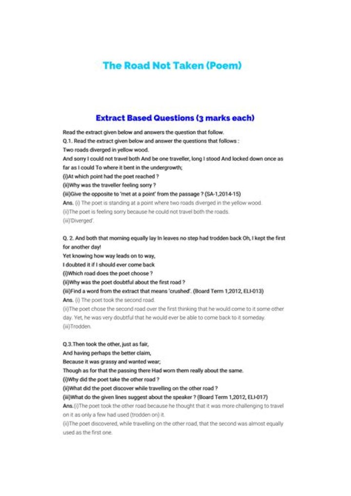 The Road Not Taken PDF Question & Answer: Exploring the Classic Poem's Meaning