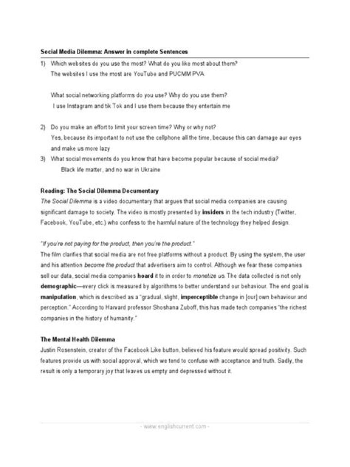 The Social Dilemma Worksheet PDF: Reflect on Digital Impact