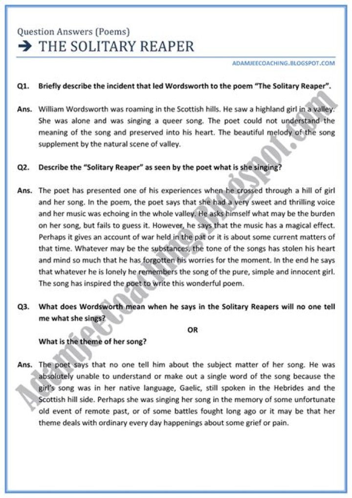 The Solitary Reaper: Questions and Answers PDF Guide