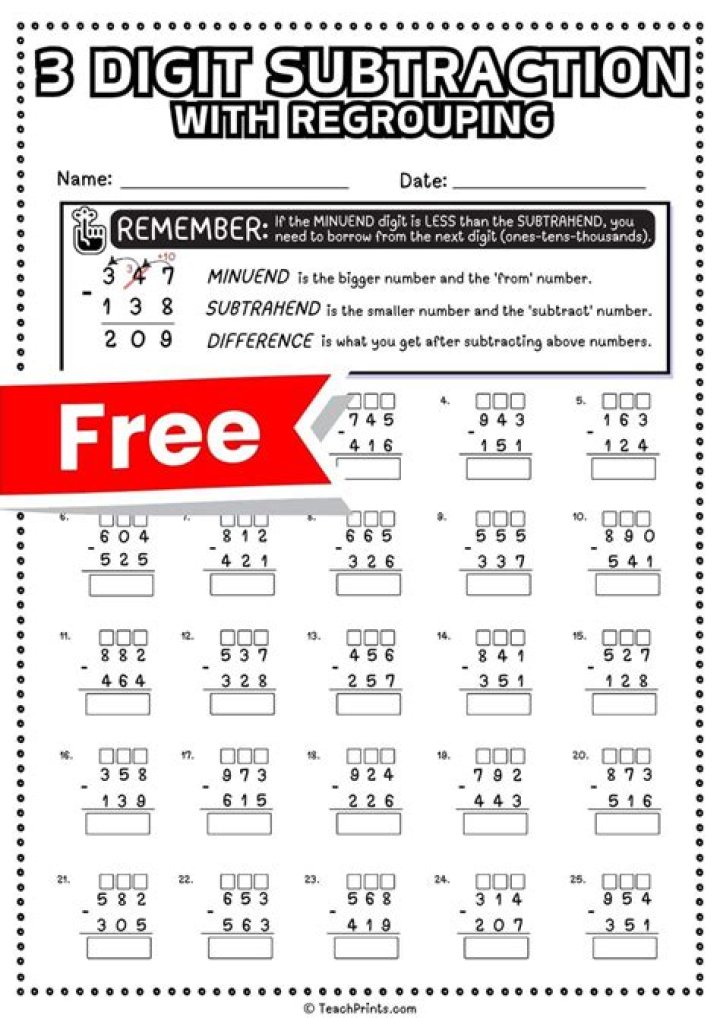 Three-Digit Subtraction with Regrouping Worksheets PDF Download