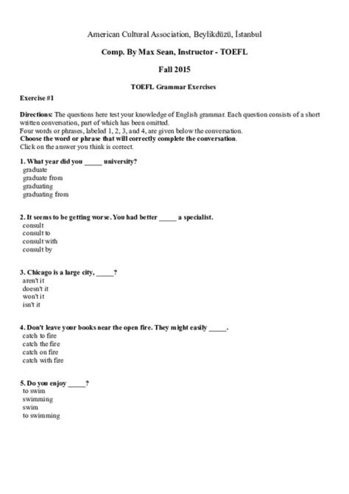 Toefl Grammar Exercises with Answers PDF – Download Now