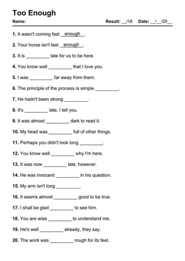 Too Enough Worksheet PDF – Free Downloadable Math Practice